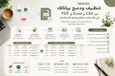 صورة العمل سأقوم بتنظيف ودمج وتحليل بياناتك من CSV وExcel وPDF مع إمكانية الأتمتة باستخدام Python وn8n