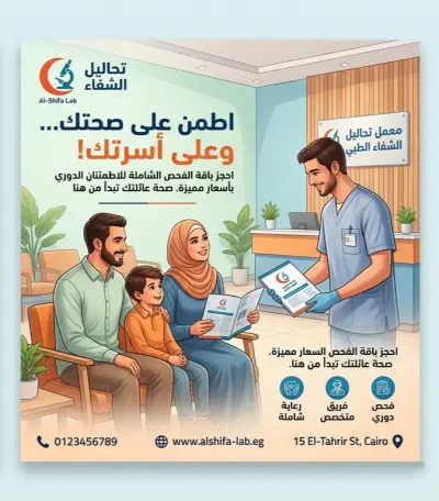 تصميم حملة إعلانية متكاملة لمعمل تحاليل طبية بأسلوب الرسم الرقمي (Illustrated Ad Campaign).