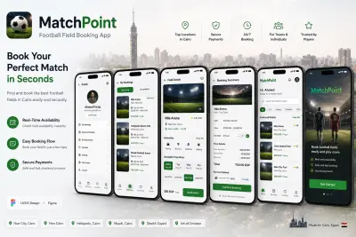 صورة العمل MatchPoint هو مشروع تصميم UI/UX لتطبيق موبايل يهدف إلى تسهيل حجز ملاعب كرة القدم