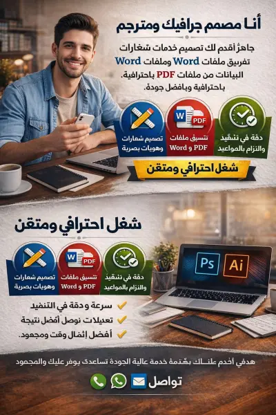 مصمم . فوتوشوب  . كاتب  . مفرغ بيانات pdf  .  اعمل علي Word . تزويد متابعين . تصميم قوالب . تصميم صور . اعمال كثيره اخري