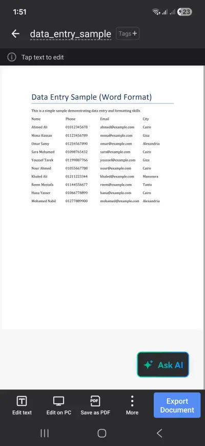 Data entry excel