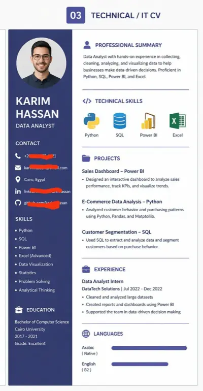 تصميم CV احترافي لمجال البرمجة وتحليل البيانات