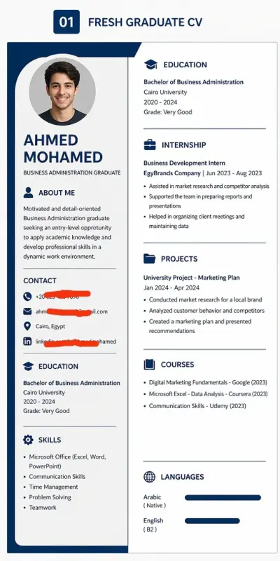 كتابة وتصميم CV احترافي لخريج جديد متوافق مع أنظمة ATS