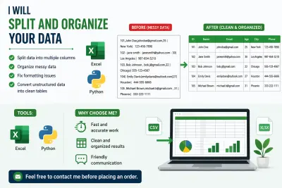 I will split and organize your data into columns professionally
