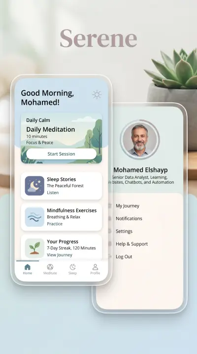 تصميم واجهة مستخدم وتجربة مستخدم (UI/UX) لتطبيق تأمل "Serene" هادئ ومبتكر