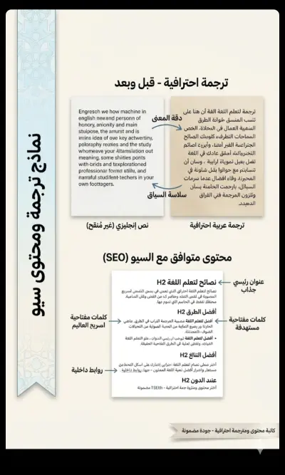 كتابة محتوى إبداعي وترجمة احترافية (عربي - إنجليزي). ​إعداد مقالات متوافقة مع قواعد السيو (SEO) وتدقيق لغوي. ​ترجمة متخصصة وصياغة محتوى تسويقي جذاب.