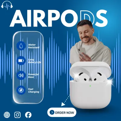 تصميم إعلان "سوشيال ميديا" احترافي لسماعات Airpods (نمط تقني عصري).