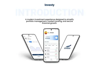تصميم واجهة مستخدم (UI/UX) لتطبيق موبايل للاستثمار، بتركّز على البساطة وسهولة الاستخدام للمستثمرين الجدد