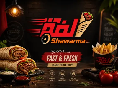 تصميم هوية بصرية احترافية لمطاعم الشاورما | لوجو عربي كوفي + باكجنج + سوشيال ميديا (Branding كامل)