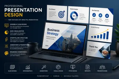 تصميم عروض تقديمية احترافية للأعمال – شرائح عصرية وتفاعلية باستخدام PowerPoint وCanva