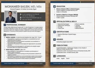 تصميم سيرة ذاتية احترافية لطبيب جراحة عامة نموذج CV طبي عصري ومتوافق مع ATS