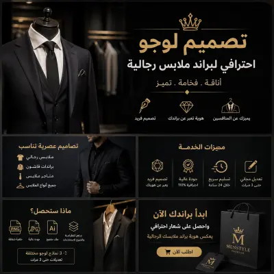 أصمم لك شعار احترافي لبراند ملابس رجالية يعكس الفخامة والتميز. ستحصل على 2-3 نماذج مع تعديلات حتى 3 مرات، وتسليم سريع خلال 24 ساعة بصيغ PNG وJPG وAI.