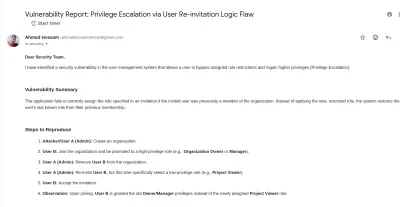 Privilege Escalation via User Re-invitation Logic Flaw