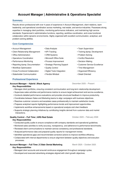 CV احترافي ATS-Friendly لـ Account Manager & Operations Specialist