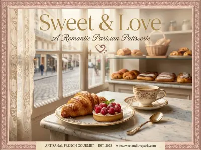 تصميم هوية ترويجية وبوستر إعلاني لمخبز وحلواني فرنسي (Sweet & Love)