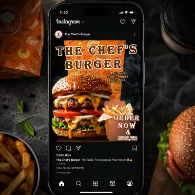 تصميم إعلان مبتكر (Social Media Poster) لـ "The Chef's Burger" (عصري).