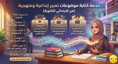 "خدمة كتابة موضوعات تعبير إبداعية ومنهجية (من الابتدائي للثانوية) - حصري، خالي من الأخطاء، ومنظم."