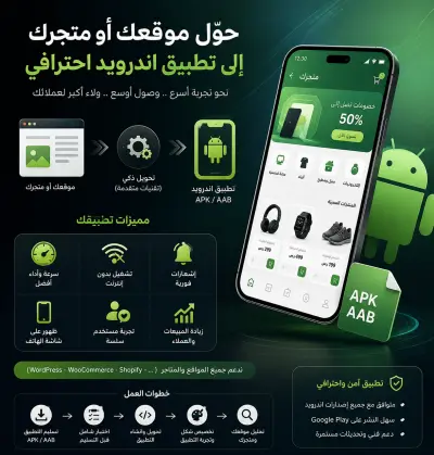 تحويل المواقع والمتاجر الإلكترونية إلى تطبيقات أندرويد (APK/AAB) احترافية