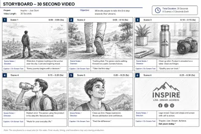 تصميم Storyboard احترافي لفيديو إعلاني لمدة 30 ثانية