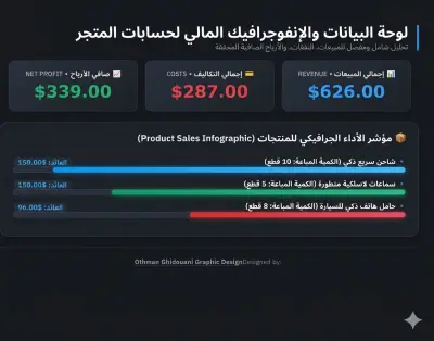 لوحة بيانات وإنفوجرافيك مالي ذكي لحسابات المتاجر الإلكترونية