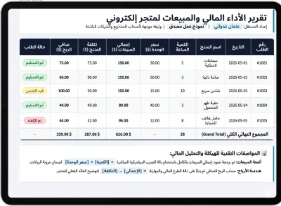 أتمتة وتصميم تقرير الأداء المالي والمبيعات لمتجر إلكتروني عبر Excel