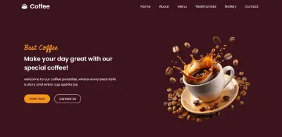 تصميم وتطوير موقع كافيه احترافي متجاوب باستخدام HTML, CSS, JavaScript