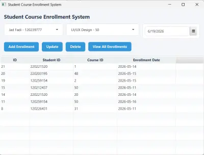 تصميم تطبيق JavaFX بسيط يحاكي تسجيل الطلبة بالمساقات الجامعية