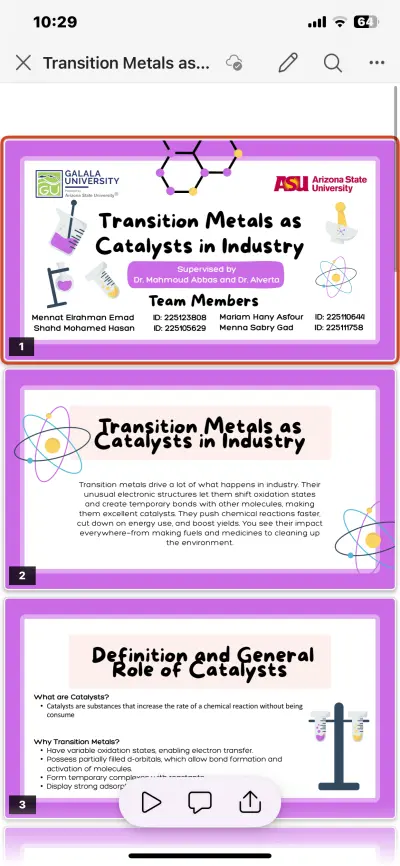 تصميم Presentation متكامل وشكلة تحفة لمشروع أكاديمي بعنوان "Transition Metals as Catalysts in Industry".