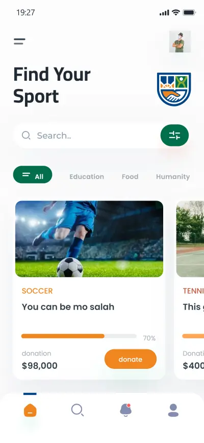 تصميم UI/UX لتطبيق موبايل — Nashat (منصة تبرعات رياضية)