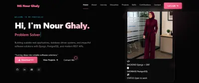 تصميم وتطوير موقع معرض أعمال شخصي تفاعلي (Personal Portfolio) بتصميم مظلم فاخر ومؤثرات حركية متقدمة