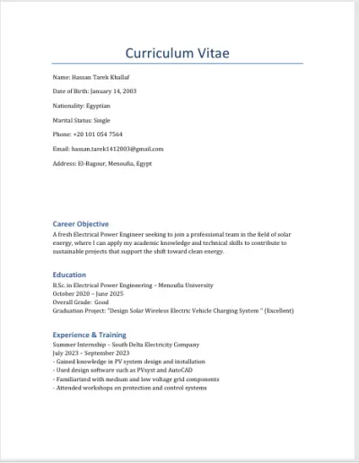 السلام عليكم،  أقدر أساعدك في عمل cv بشكل احترافى ومواكب للعصر بدقة وصياغة احترافية