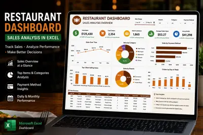 لوحة تحليل بيانات المبيعات لمطعم باستخدام Microsoft Excel