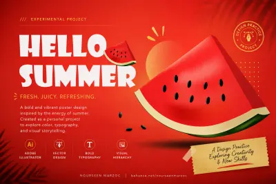 بوستر صيفي بعنوان Hello Summer قمت بتصميمه كأحد المشاريع التطبيقية خلال رحلتي في تعلم تصميم الجرافيك باستخدام Adobe Illustrator