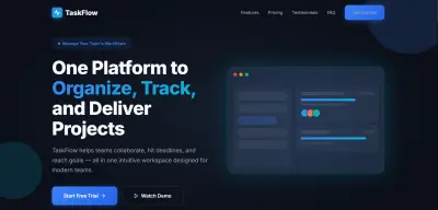 لاندنج بيج احترافي لمنصة إدارة المشاريع TaskFlow — تصميم Dark Mode متجاوب