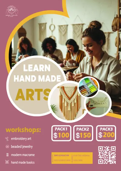 تصميم بوستر إعلاني لورش تدريبية في الفنون والأعمال اليدوية (Handmade Arts Workshops)