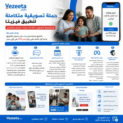 حملة تسويقية متكاملة لتطبيق ((Vezeeta ) استراتيجية المحتوى + إعلانات ميتا (فيسبوك وإنستجرام) + التسويق عبر البريد الإلكتروني .
