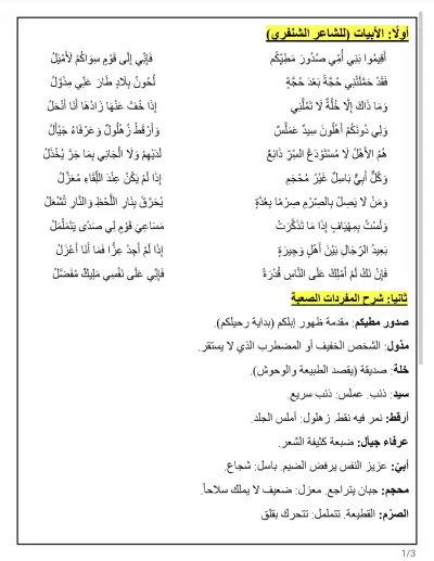 تفريغ وتنسيق نصوص أدبية وتدقيق لغوي (لامية العرب للشنفرى)