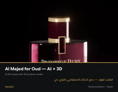 إعلان منتج AI + 3D لعطر Prestige Ruby — الماجد للعود