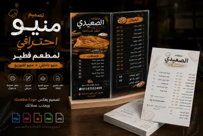 تصميم منيو احترافي لمطعم فطير (منيو داخلي + منيو ورقي للتوزيع) جاهز للطباعة بجميع الصيغ المطلوبة