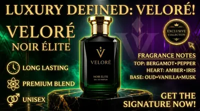 تصميم إعلان تجاري فاخر لعطر "VELORÉ NOIR ÉLITE" (High-End Perfume Ad Design)"