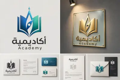 تصميم شعار مبتكر لأكاديمية (دمج بين الكتاب والبوصلة)، ويحتوي على تنويعات احترافية للعرض: نسخة أحادية اللون، موك آب (نموذج واقعي) للوحة ذهبية، وتطبيق الشعار على القرطاسية (كروت العمل والأظرف) لضمان اتساق الهوية."