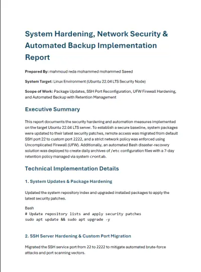 صورة العمل إعداد وتأمين سيرفر Linux (Ubuntu 22.04 LTS) وأتمتة النسخ الاحتياطي | System Hardening & Backup Automation