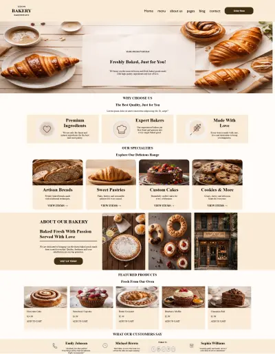 تصميم وتطوير صفحة هبوط لمخبز وحلويات كلاسيكية (Bakery Landing Page)
