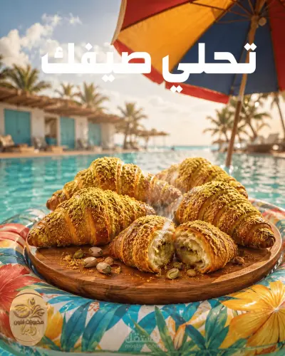 بوستر إعلاني جذاب لمنتج كرواسون الفستق (أجواء صيفية)
