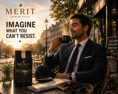 تصميم فكرة إعلانية وسلوجان لعلامة قهوة MERIT