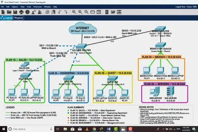 تصميم وتقسيم شبكة شركة ب VLANs باستخدام Packet Tracer
