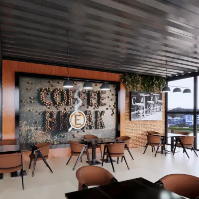 تصميم لكافتريا على الطراز الصناعي الحديث ، تجمع بين البساطة والفخامة.