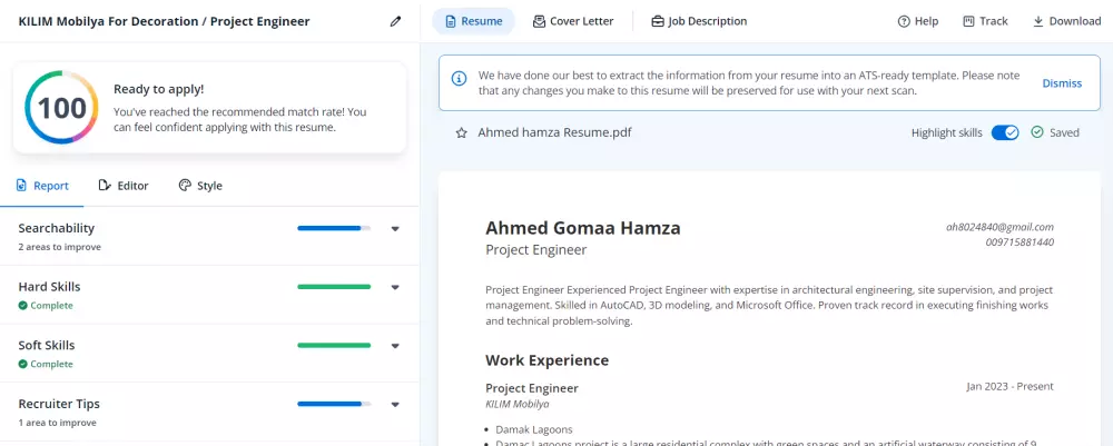 سيرة ذاتية قوية متوافقة مع أنظمة ATS100%