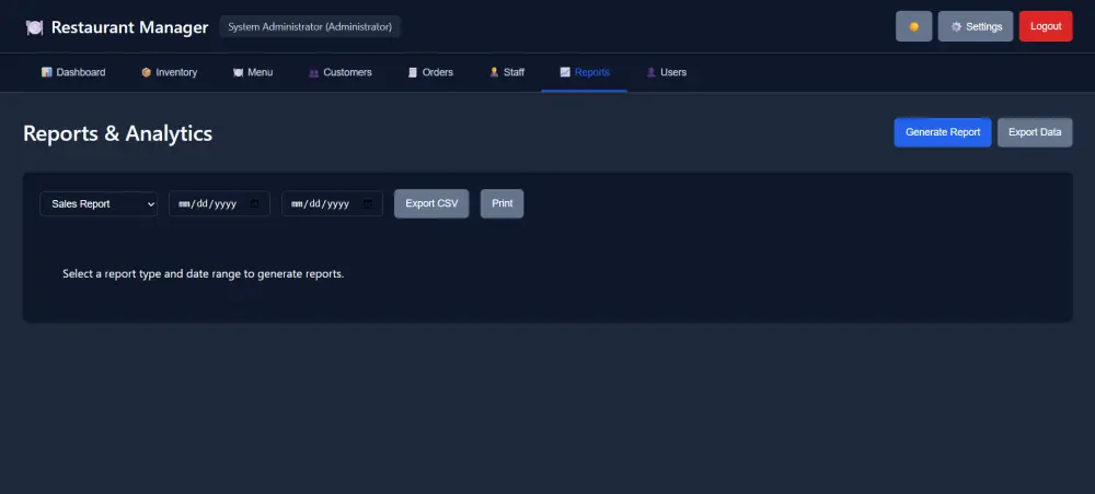 تصميم نظام إدارة مطعم احترافي (Restaurant Management System) مع لوحة تحكم كاملة